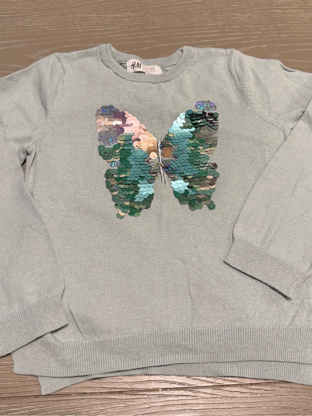 H&M 100% Cotton Sage Green Sweater with Iridescent Sequin Butterfly 4-6 yrs